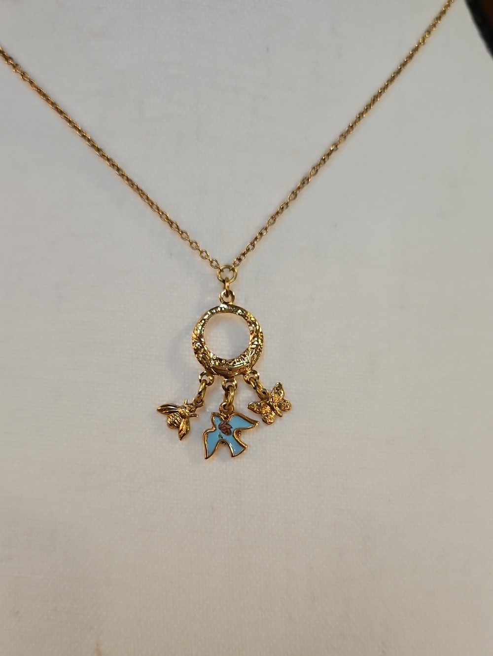 1928 Gold-Tone Circle Necklace with Blue Enamel Bird Bee Butterfly Charms